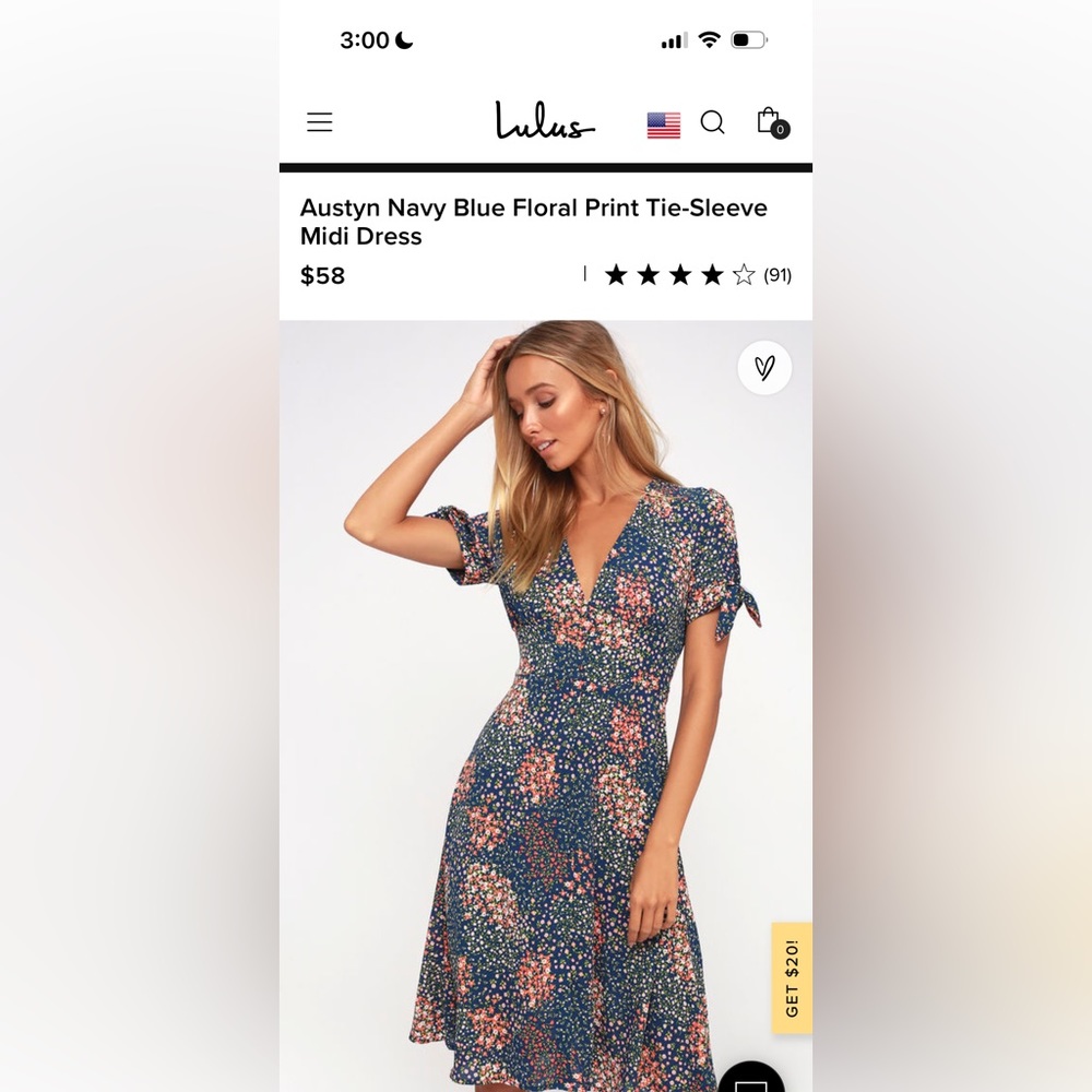 Lulus Austyn  Navy Blue Floral Print Tie Sleeve Midi Dress. Size S.